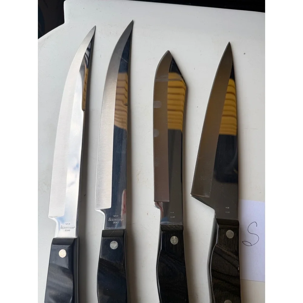 Vintage EKCO Arrowhead Knife Set 4 Piece Stainless Steel Wood Grain Handle USA